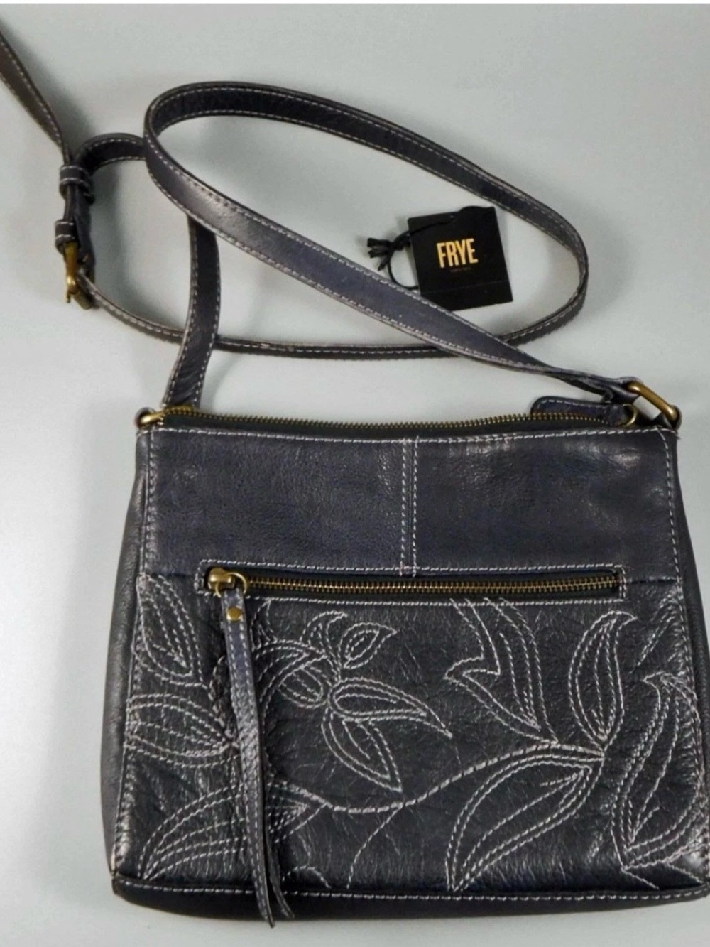 NWT Frye Hadley Embroidered Leather Crossbody Bag Black Compact Floral Stitch